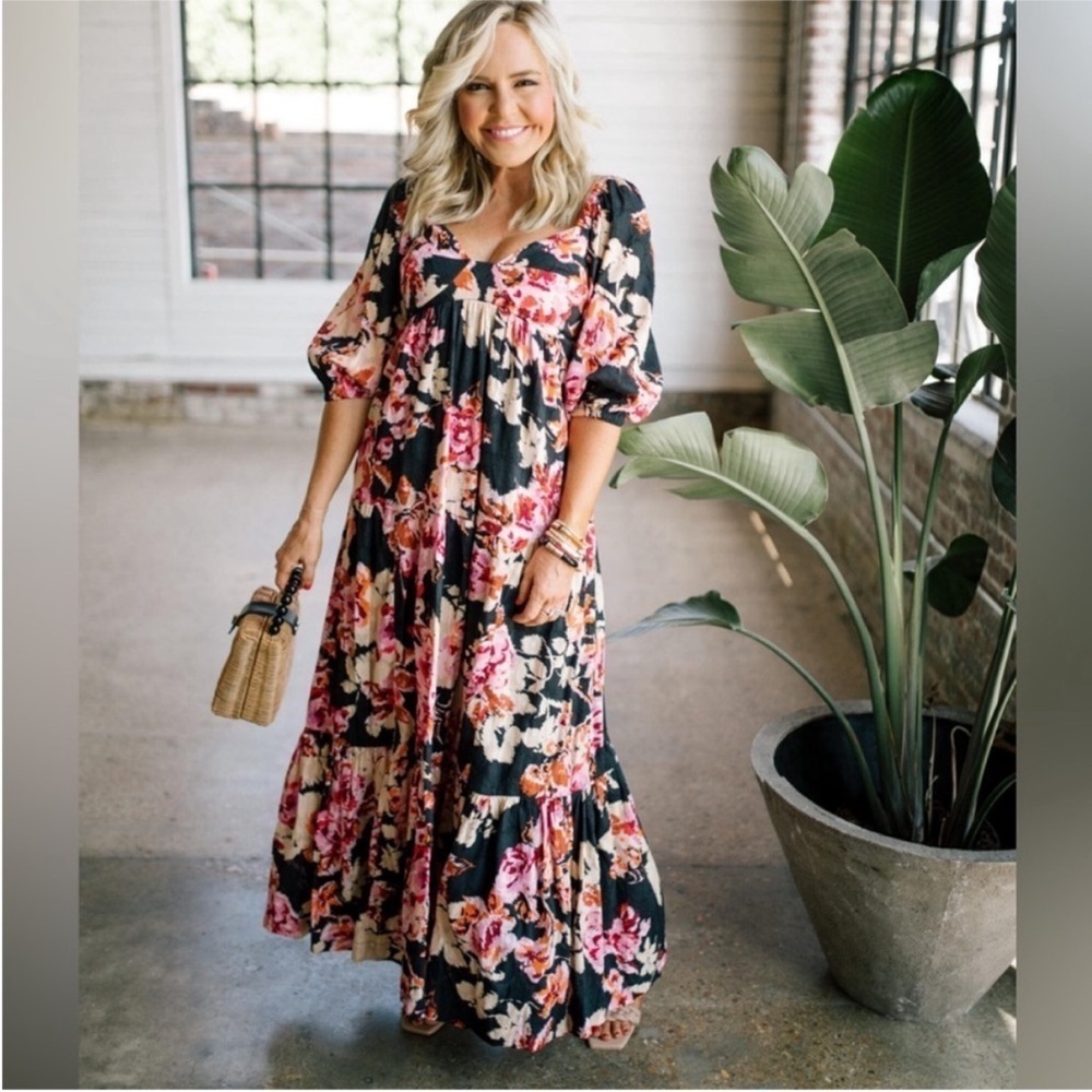 Anthropologie Somerset Puff-Sleeve Maxi Dress Black Pink Floral Tiered M NWT - Picture 3 of 7